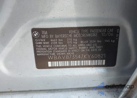 2007 BMW 335I from USA, damaged, VIN WBAVB73547KY60821